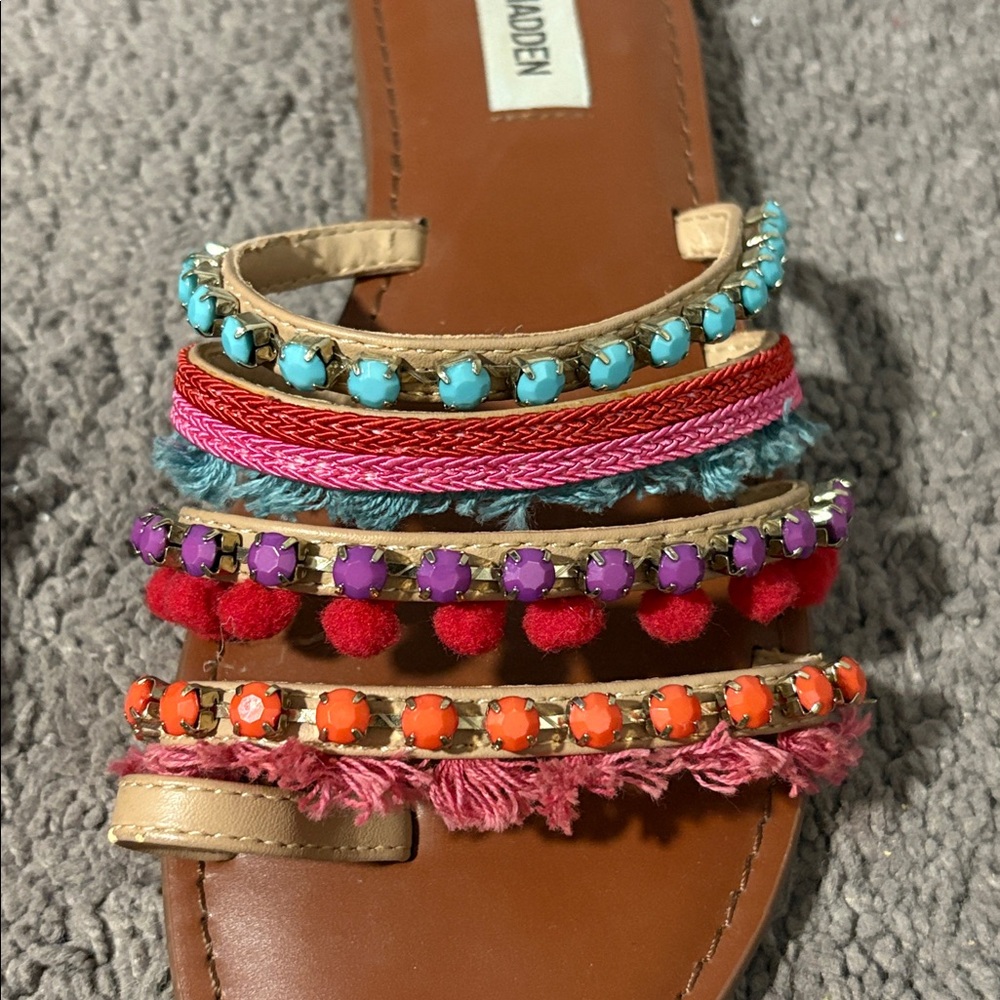 Steve Madden • Gypsy Colorful Boho Jewel Fringe Pom Pom Sandals - Picture 3 of 8